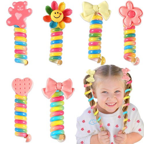JUNEBRUSHS 6Pcs Colorful Telephone Wire Hair Bands for Kids, Spiral Ties Braided Telephone Cord Hair Bands Hair Accessories for Girls Women, Bowknot Braided phone Wire Hair Ties（6 Styles）