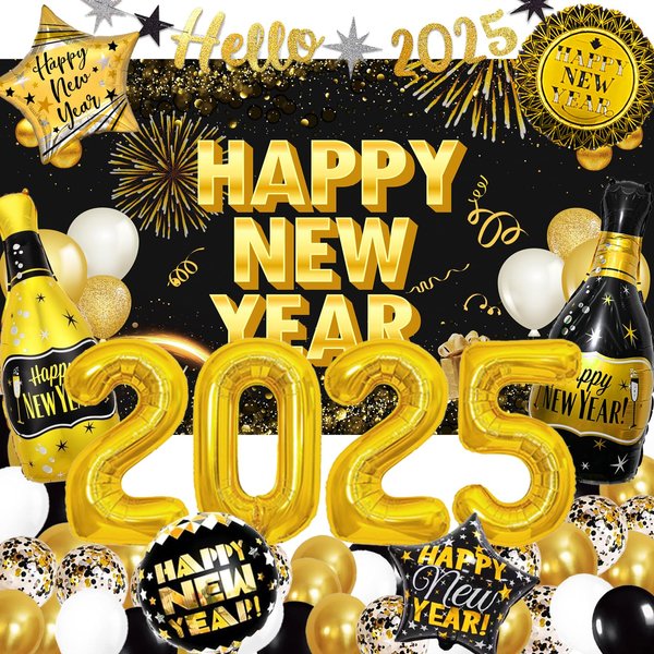 47pcs New Years Eve Party Supplies 2025, New Year Party Decorations for Happy New Year Decorations 2025 with 40 Inch Balloons Banner Backdrop Foil Balloon for New Years Eve Party Supplies Decorations