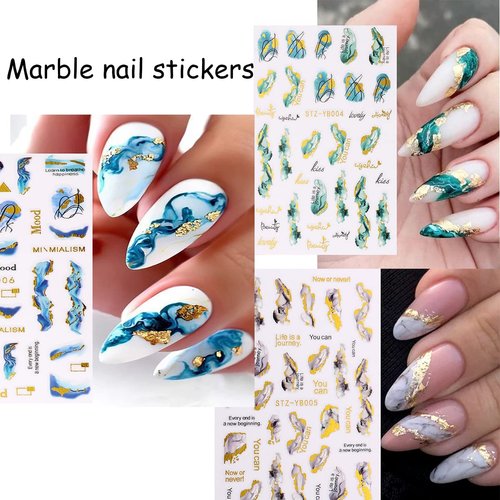 8 Sheets Designer Nail Art Stickers 3D Self-Adhesive Marble Wave Nail Decals with Gold Lines Design Nail Stickers Blue Acrylic Nail Art Supplies for Women Girls DIY Nail Decoration Accessories