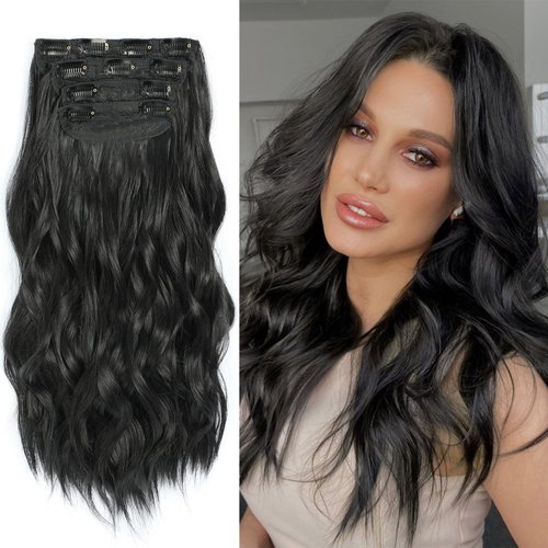 Natural Black Clip in Hair Extensions for Women, Long Wavy Synthetic Hair Extensions Naturaliy Soft Thick Hairpieces for Wedding, Curly Hair Extensions Clip ins(20Inch, 4Pcs)