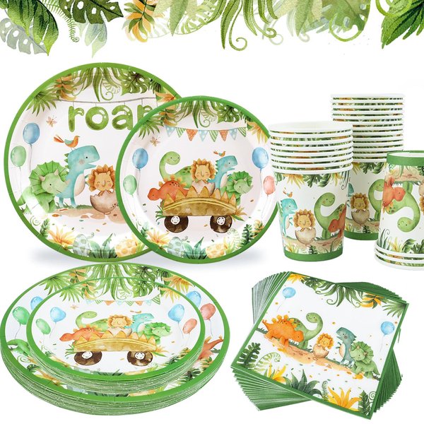 Dinosaur Birthday Party Supplies,96pcs Dinosaur Party Plates and Napkin for Dinosaur Theme Boys Birthday Baby Shower Party Decoration