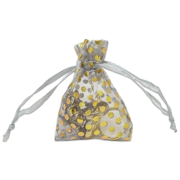 100-Pack 2x2.5 in Sheer Organza Gift Bags with Drawstring (X-Small) - Polka Dot (Silver/Gold) - for Wedding Party Favors, Jewelry, Candy, Treats Mesh Pouch by The Display Guys