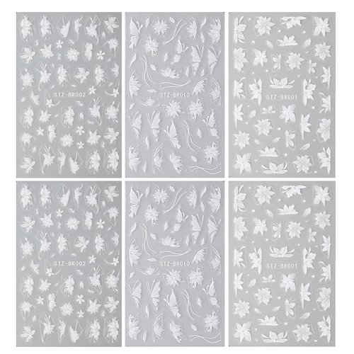 JMEOWIO 6 Sheets 3D Embossed Flower White Nail Art Stickers Decals Self-Adhesive Pegatinas Uñas 5D Spring Summer Floral Nail Supplies Nail Art Design Decoration Accessories