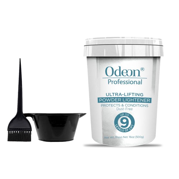 Odeon Professional Ultra-Lifting Powder Lightener Up to 9 Levels with Mixing Bowl and Dye Brush 16oz (500g)