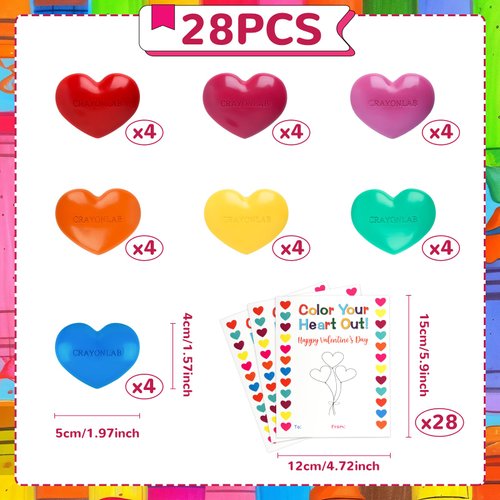 28Pcs Colorful Heart Crayons with Cards, Valentines Day Gifts for Kids Classroom, Girl Boy Birthday Goodie Bags Stuff, Party Favors, Classroom games Rewards, Christmas Gifts, Back to School Gifts.