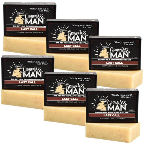 Grown Ass Man Co. Exfoliating Body Bars - Solid Soap with Natural Oils & Gentle Scrub - Plastic Free & Eco-Friendly, Natural & Organic for All Skin Types, 4oz Bar - Last Call - Mild Exfoliant, 6-Pack