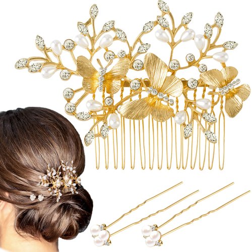 OIIKI Gold Butterfly Hair Comb Clip for Wedding, 1PCS Pearl Rhinestones Bridal Hair Comb, 2 PCS Pearl Hair Pins, Crystal Leaf Hair Side Comb, Vintage Hair Jewelry Accessories for Bride, Women