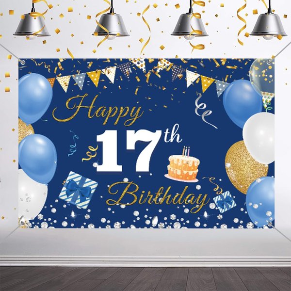 17th Birthday Decorations Happy 17th Birthday Backdrop Banner for Boys/Girls Happy 17 Years Old Fabric Sign Poster, Blue Photography Background 17th Birthday Party Supplies, 59"x35.4"