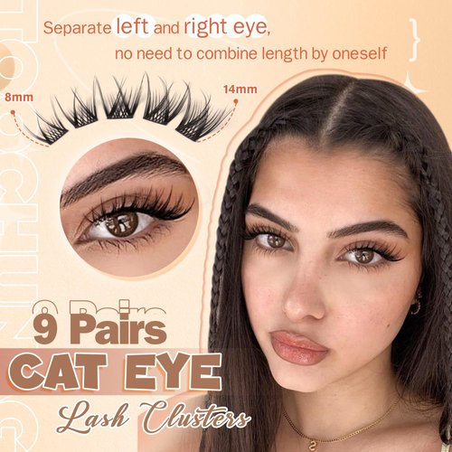 TOOCHUNAG Natural Lash Clusters Eyelash Extensions Wispy Individual Lashes Clusters C Curl Organized Eyelash Clusters 9 Pairs 8-14mm DIY Cat Eye Lash Extension