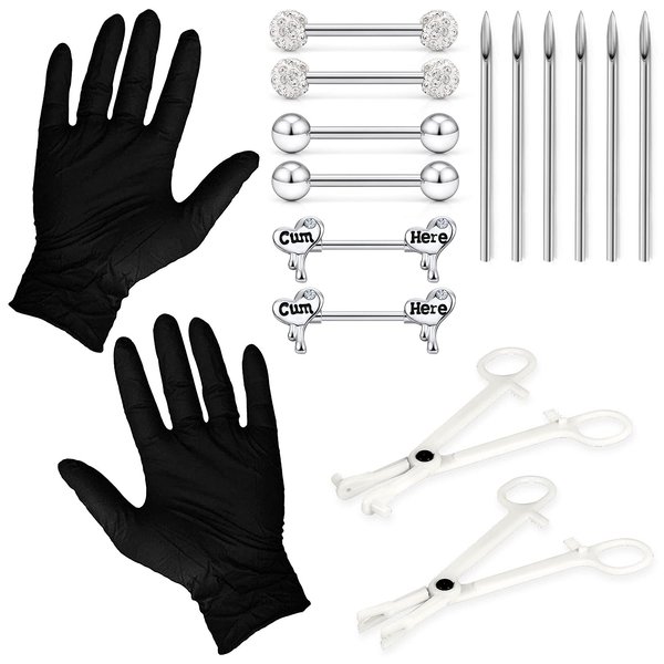 Nipple Piercing Kit 6 Pieces 14G Stainless Steel Nipple Piercing Jewelry Piercing Needles and Piercing Clamp Straight Heart Shape Nipple Rings Tongue Ring Barbell Body Piercing Jewelry Tools Silver