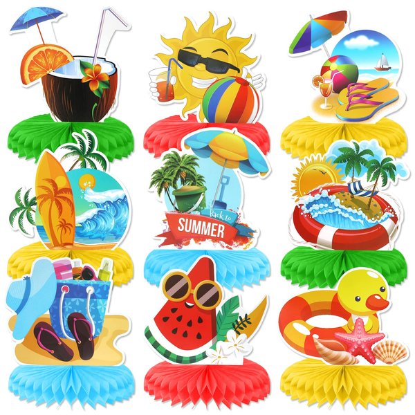 PHOGARY 9 Pcs Summer Pool Honeycomb Centerpieces, Beach Honeycomb Centerpieces Hawaiian Luau Table Toppers Pool Party Decorations Tropical Aloha Table Centerpiece for Summer Pool Beach Hawaii Birthday