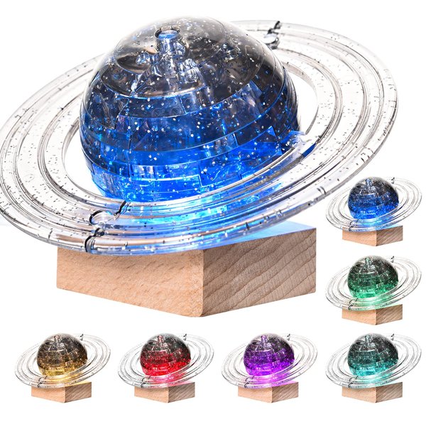 3D Crystal Puzzle, Plastic Saturn Assembly Brain Teaser with Light-Up Wooden Base, 40PCS Saturn Crystal Puzzle DIY Puzzle Blocks fo Kid 14+ (Grey)