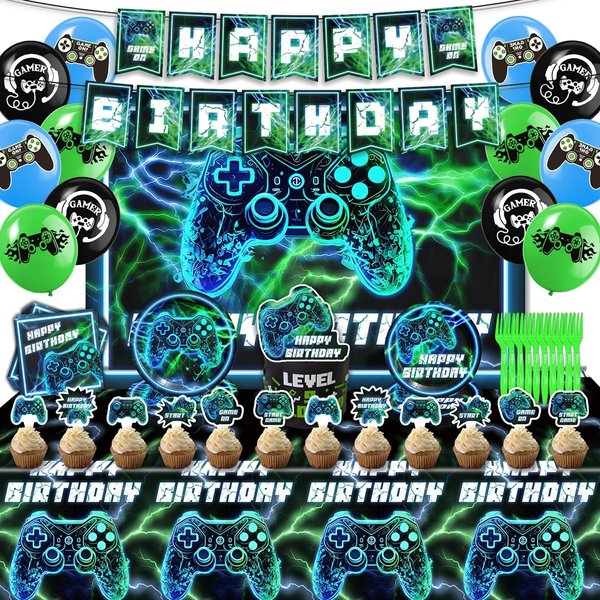 Ensccant Video Game Birthday Decorations Supplies, Gamer Birthday Party Decorations, Neon Video Gaming Plates Napkins Tableware Tablecloth, for Gaming Birthday Party Decorations, 118pcs Party Favors
