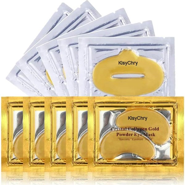 24K Gold Crystal Lip and Eye Mask, KlsyChry 5 Pairs Eye Mask and 5 Pcs Lip Mask for Moisturizing, Anti Wrinkle, Anti Aging, Hydrating Lips and Eyes