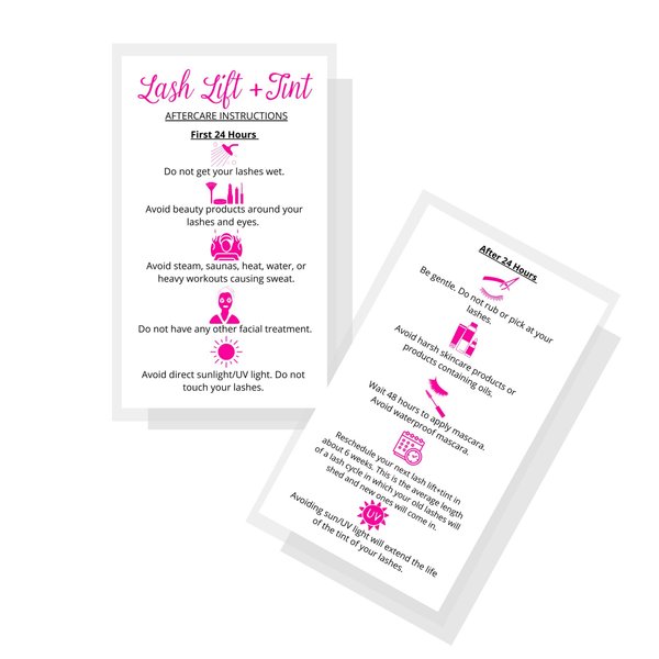 Lash Lift + Tint Aftercare Instruction Cards | 50 Pack | 2 x 3.5” inches Business Card Size | Eyelash Lift and Tint Kit at Home DIY aftercare Supplies | White with Pink Icon Design