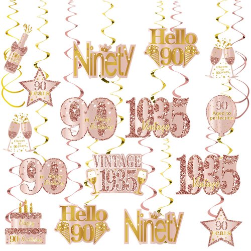 Turypaty Pink Gold 90th Birthday Decorations Hanging Swirls for Women, Rose Gold Happy 90th Birthday Vintage 1935 Foil Swirls Party Supplies, Ninety Year Old Birthday Ceiling Decor