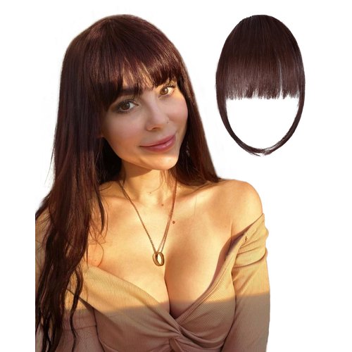 Rosooi Curtain Bangs Human Hair Clip in Bangs for Women Dark Auburn Brown Color Fake Air Bangs for Daily Wear Hair Clip Bangs