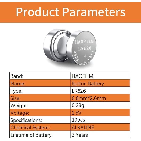 HAOFILM LR626 SR626SW 377 376 LR626 AG4 Premium Alkaline Battery,1.5V Round Button Coin Cell Batteries (10 Pack)