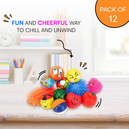 Neliblu Stress Balls for Kids and Adults - Pack of 12 Assorted Sensory Squeeze Balls - Spiky Squishy Fidget Toys for Relaxation - Stress Relief Puffer Ball for Classroom, or Sports Party Favors