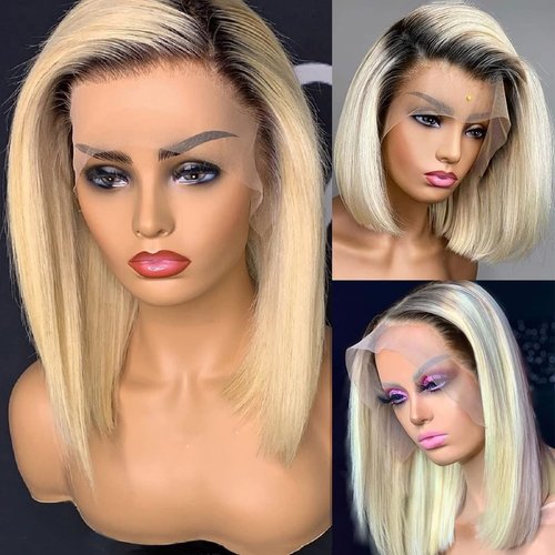 Munx Glueless Bob Wig Human Hair for Black Women 13x4 HD Frontal Lace Wig 180% Density Ombre Dark Roots Blonde Pre Plucked Lace Front Wigs Human Hair 8 inch Natural Hairline