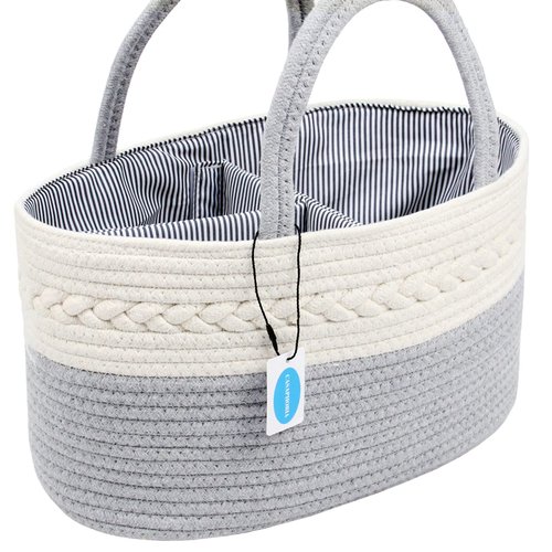 Casaphoria Diaper Caddy Organize,Cotton Rope Diaper Basket Caddy Baskets for Storage,100% Cotton Car Diaper Organizer with Removable Inserts,Cream and Gray (14.2''×8.7''×8'')