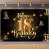 Happy 18th Birthday Backdrop Banner Step and Repeat 18 Years Old Background Decorations for Women Men Her Him Photography Party Supplies Glitter Black Gold