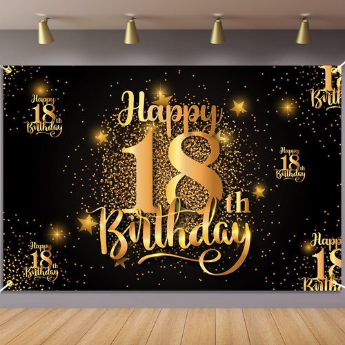 Happy 18th Birthday Backdrop Banner Step and Repeat 18 Years Old Background Decorations for Women Men Her Him Photography Party Supplies Glitter Black Gold