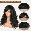 Liyouda Long Black Wavy Wig Curly Hair Wigs With Bangs for Black Women Natural Synthetic Replacement Wigs Heat Resistant Fiber Party Costume Wig Black Color Wigs