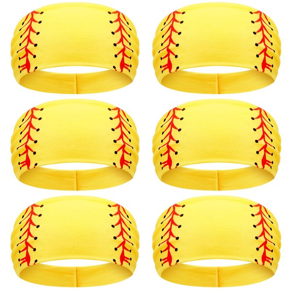 Zeyune 6 Pcs Yellow Softball Headband Breathable Elastic Headband Ball Print Head Wrap Hair Band Bandana Workout Headbands Adjustable Sweat Proof Softball Accessories for Girls Women