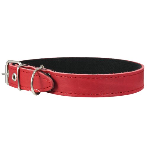 Genuine Leather Dog Collar, Cotton Padded, 1" Wide. (Neck Circumference: 15"-18.5", Red)