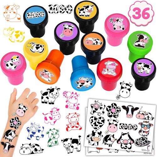36PCS Cow Party Favors 24 Tattoos Sticker 12 Stamp Set - Ideal Cow Print, Farm, Milk Themed Birthday Decor Supplies Goodie Bag, Classroom Gifts, Cute Rewards for Girls, Baby Shower Prizes