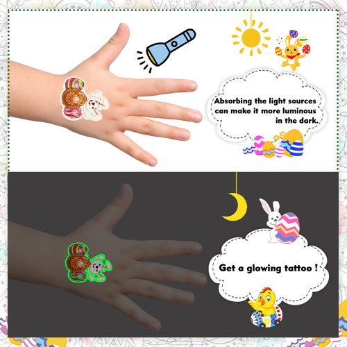 Cerlaza Glow Easter Tattoos for Kids Party Favors, Easter Luminous Temporary Tattoos for Girls Boys Bunny Decorations, Easter Egg Tattoo Stickers for Easter Gifts Basket Fillers-10 Sheets