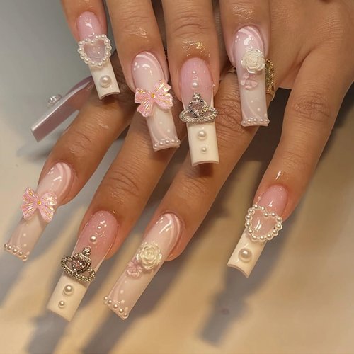 BABALAL Square Press on Nails Long Fake Nails White French Glue on Nails 3D Flower Bow rhinestone Acrylic Nails 24Pcs Glitter Shiny Planet Squoval Love Pink Heart Stick on Nails for Women and Girls