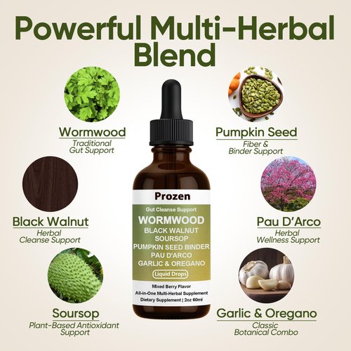 PROZEN Wormwood Gut Cleanse & Detox Drops – Nuvian Black Walnut,Clove, Soursop, Pumpkin Seed, PAU D’Arco, Garlic & Oregano – Mixed Berry Digestive Support, Energy & Nutrient Absorption, 2 fl oz