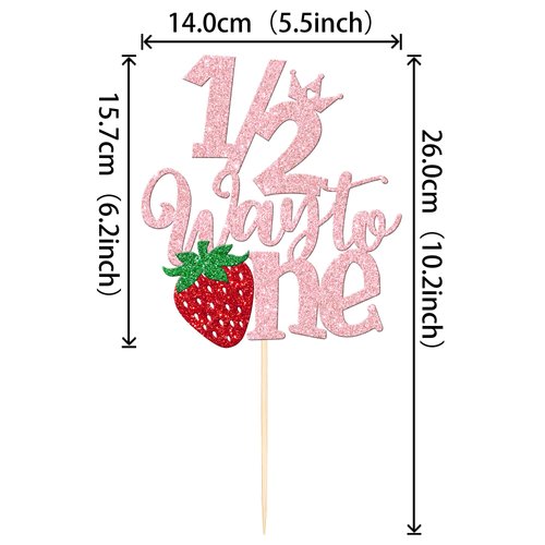 1 PCS Strawberry 1/2 Half Way to One Cake Topper Glitter Berry Sweet Half Way to Go Cake Pick Happy 6 Months Birthday Cake Decoration for Strawberry Theme Baby Shower Birthday Party Supplies Pink