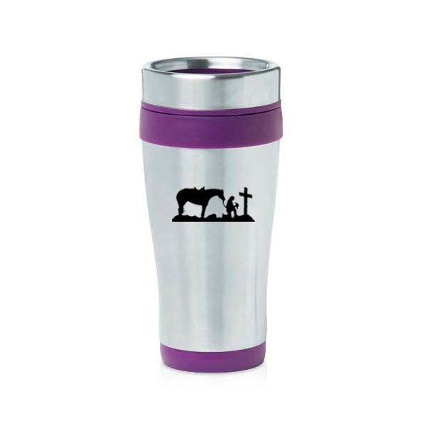 16oz Insulated Stainless Steel Travel Mug Cowgirl Praying Cross Horse (Purple)