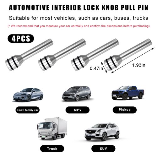 Suvnie 4PCS Car Door Lock Knobs, 1.93" × 0.47" Aluminum Alloy Auto Inner Door Lock Pull Pins, Automotive Door Lock Pin Cover Decor, Universal Vehicle Front Rear Door Knob Cover (Silver)