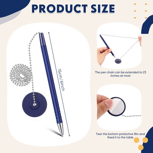 Secure Pen with Adhesive Pen Chain and Security Pen Holder for Home Office Supplies 6 Pcs (Blue Ink)