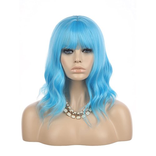 eNilecor Blue Wig Short Curly Bob Wigs with Air Bangs 14" Natural Colored Synthetic Wigs for Women