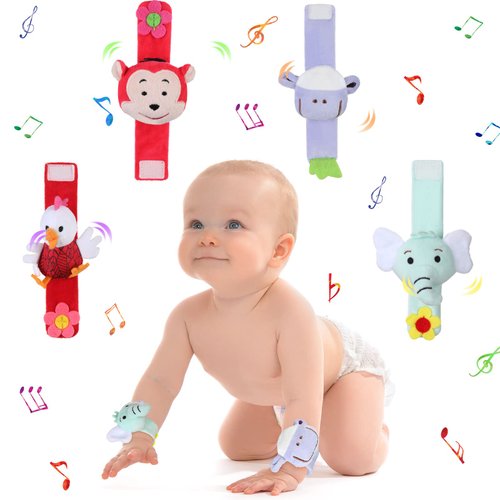 4 Pieces Baby Wrist Rattles Animal Pattern Newborn Rattle Foot Rattles Toy for 0-12 Months Babies Boy Girl Infant Birthday Gifts Educational Toys, 4 Designs (Sheep, Dog, Chick, Monkey)