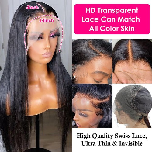 Subella 12A HD Lace Front Wigs Human Hair Pre Plucked Hairline with Baby Hair 180 Density 13x4 Brazilian Straight Human Hair Wigs for Black Women Natural Black Color (14inch)