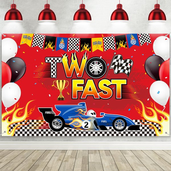 Oudain Racing Car Decoration Two Fast Backdrop Birthday Decorations Racing Theme Party Decorations Racing Car Second Birthday Photography Background Racing Boys Kids Birthday Party Supplies