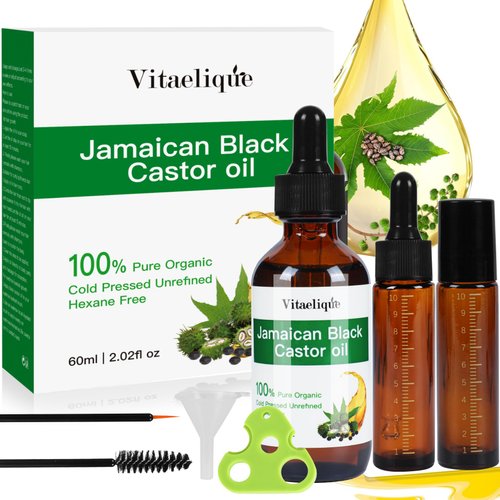 Vitaelique Jamaican Black Castor Oil - 2.02oz Glass Bottle,100% Pure Organic Unrefined Cold Pressed, Castor Oil For Hair Growth, Skin, Eyebrow, Eyelashes, Body Care, Moisturizing Oil, Massage Oil