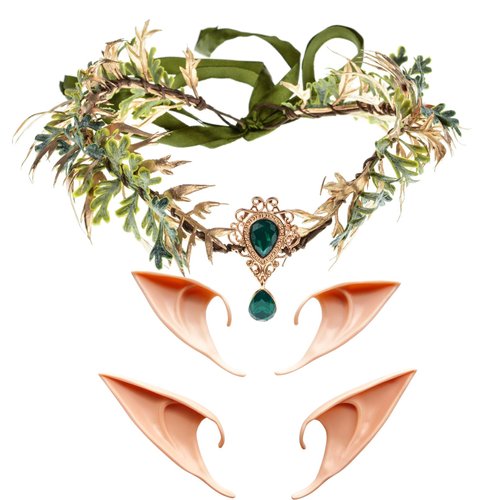 June Bloomy Women Flower Crown Fairy Costume BOHO Headband Renaissance Forest Leaf Headband 2 Pair Elf Ear Headpiece Set(G-Green)