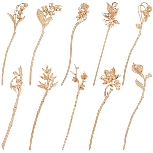Lawie 10 Pack Gold Hair Sticks Flower Leaf Decorative Metal Long Hair Pins Bun Holders Chopsticks for Hair Chinese Hanfu Costume Retro Vintage Fancy Headpieces Accessories for Women Girls