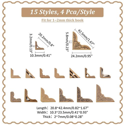 PH PandaHall Book Corners, 60 pcs 15 Styles Iron Corner Protectors Guard Edge Cover, Metal Cover Pad for Junk Journals Jewelry Case Box Book Scrapbooking Albums Menus Furniture, Antique Bronze