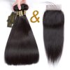 QTHAIR 14A Grade Brazilian Straight Human Hair Bundles with Closure(16" 18" 20"+16"Free Part Lace Closure,Natural Black) 100% Unprocessed Brazilian Virgin Hair Extensions for Black Women