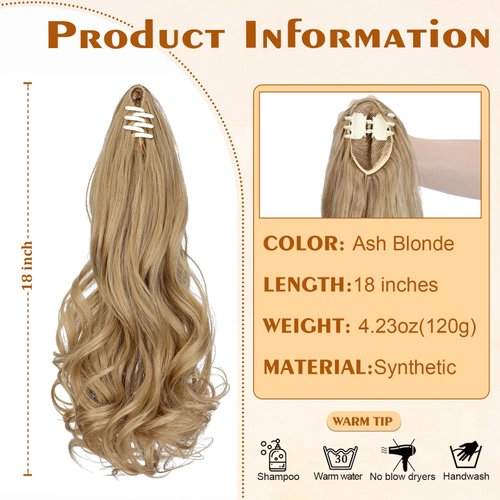 Wodelanle Ponytail Extension 18″ Claw Wavy Curly Clip in Ponytail Extension Natural Looking Synthetic Pony Tails Hair Extensions Hairpiece for Women - Ash blonde