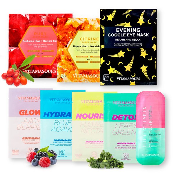 Vitamasques Vegan Face Sheet Masks Kit, 8-Pack - Collection of Triple-Layer Sheet Facial Masks Made With Premium and Natural Ingredients to Boost your Skincare Routine
