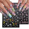 Flower Nail Stickers 3D Hibiscus Flower Nail Stickers Self-Adhesive White Pink Gold Nail Decals Elegant Floral Petal Wavy Line Strip Tropical Leaf Designs for Women Girls Nail Art Supplies(6Sheets)